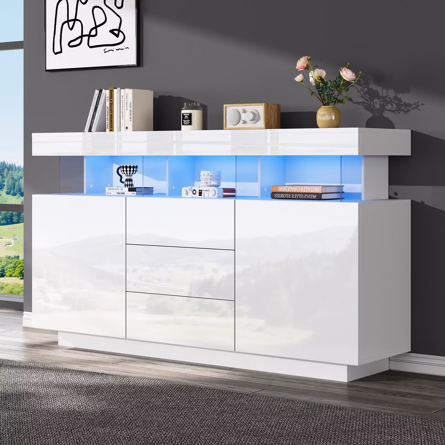 Mobile bar bianco, in acrilico, con strisce LED a 16 colori