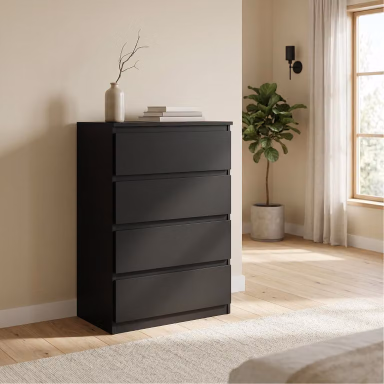 Comodà Masseno NUDO da 70 cm con 4 cassetti e ante, per soggiorno e camera da letto, stile moderno, 70x39x102 cm, nero / nero