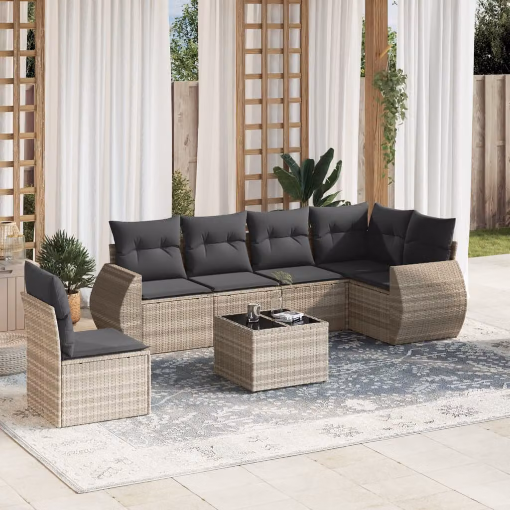 vidaXL Set Divani da Giardino a L 7 Pezzi con Cuscini Grigio con Tavolino e Struttura in Metallo e Polyrattan – 1