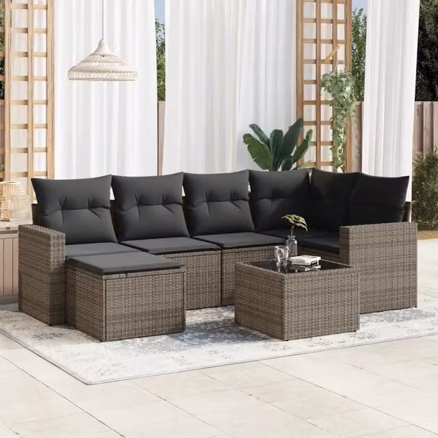 Set Divani da Giardino 7 pz con Cuscini Grigio in Polyrattan 3251607