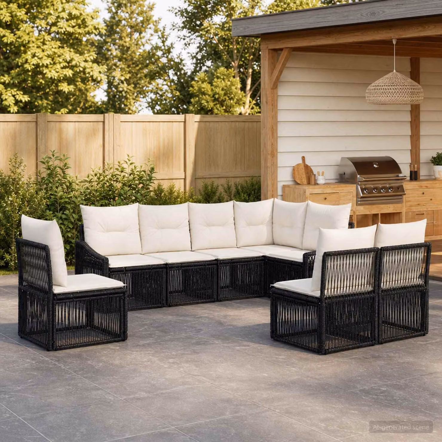 Set Divano da Giardino vidaXL 8 pz Nero con Cuscini e Struttura in Metallo e Polyrattan a Forma a U