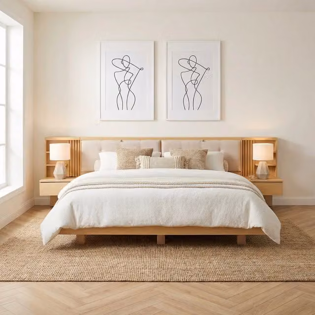 Letto matrimoniale 180 × 200 cm sospeso con testiera contenitore e presa USB in legno ingegnerizzato naturale