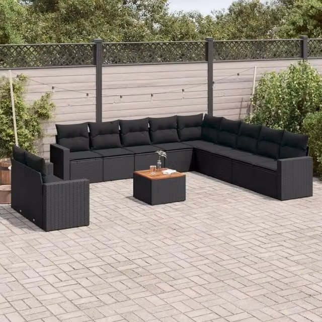 Set di Divani da Giardino a L vidaXL in Polyrattan Nero con Cuscini e Tavolino da Esterno – 1