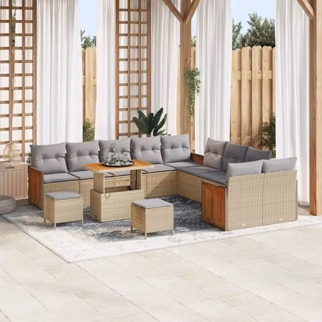 Set Divano da Giardino Moderno vidaXL a Forma a U in Acciaio Verniciato con Cuscini Beige e Grigio composto da 17 Pezzi