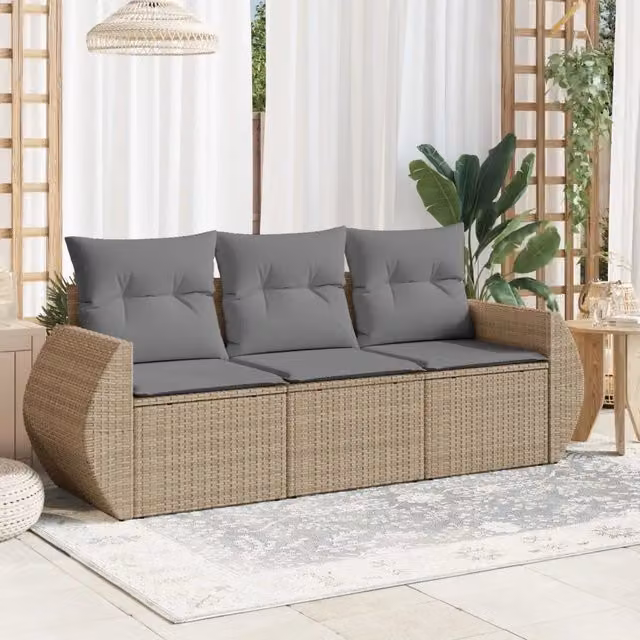 Set Divano da Giardino 3 pz con Cuscini-Sofa da Giardino-Divanetto da esterno Beige in Polyrattan 615809
