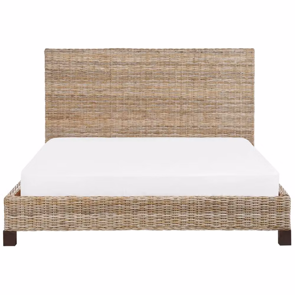 Letto matrimoniale Beliani in legno e rattan naturale marrone con testata intrecciata in stile boho, L/P/H: 213 x 180 x 120 cm – 2