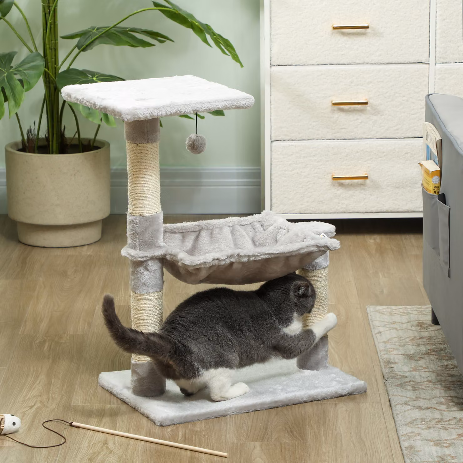 Tiragraffi per gatti PawHut con amaca, piattaforma e pali in sisal, grigio chiaro, Altezza: 70 cm – 2