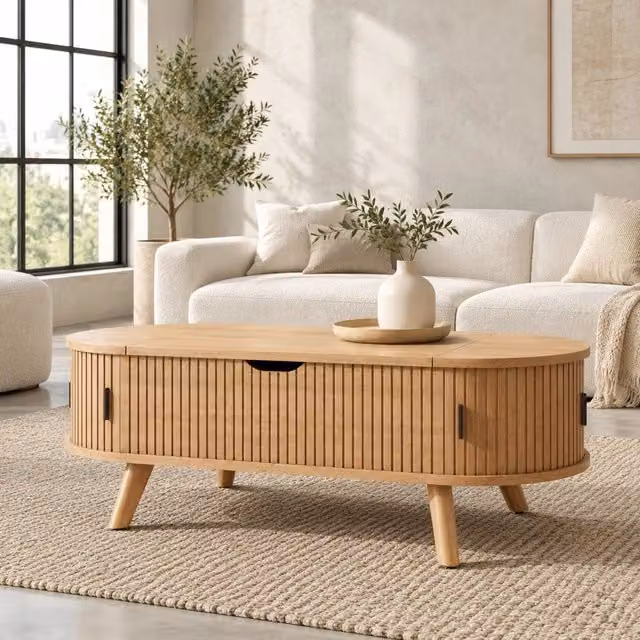 Tavolino da caffè 110x50x53.5 cm con piano sollevabile idraulico in MDF naturale