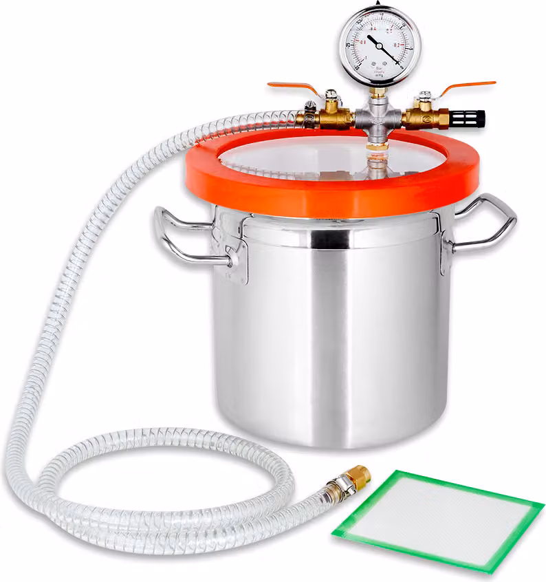 Camera a vuoto 7,6 L in acciaio inox 28×45 cm con coperchio in acrilico da 18 mm e manometro