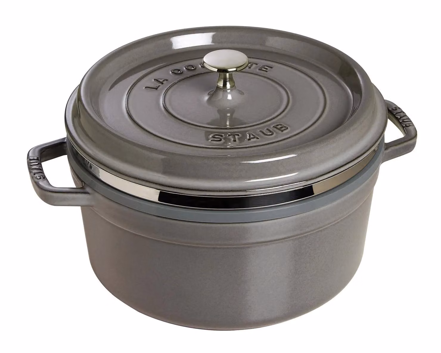 Casseruola tonda in ghisa per induzione colore grigio con maniglie, coperchio e cestello vapore, diam. 26cm