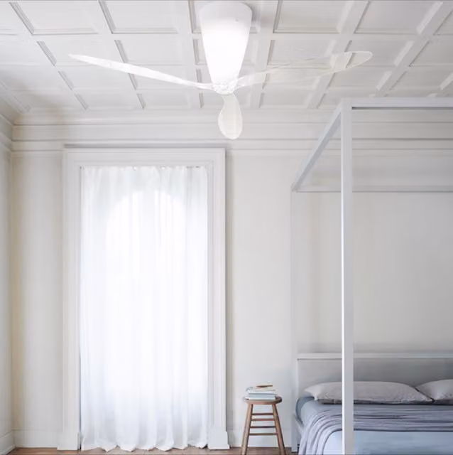 Ventilatore da soffitto Luceplan Blow bianco e trasparente con telecomando e luce LED dimmerabile