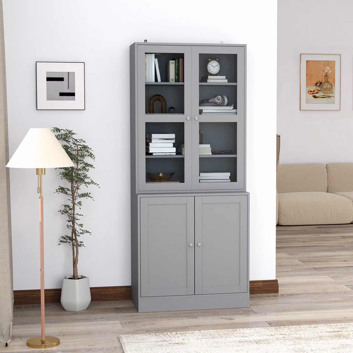 Libreria Vetrina HOMCOM Bianca con 6 Livelli, 4 Ante di cui 2 in Vetro Temperato e Ripiani Regolabili – 2