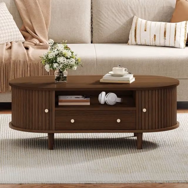 Tavolino da caffè ovale con 1 cassetto, vano aperto e anta scorrevole, per soggiorno, 100 × 50 × 36 cm, in MDF, noce