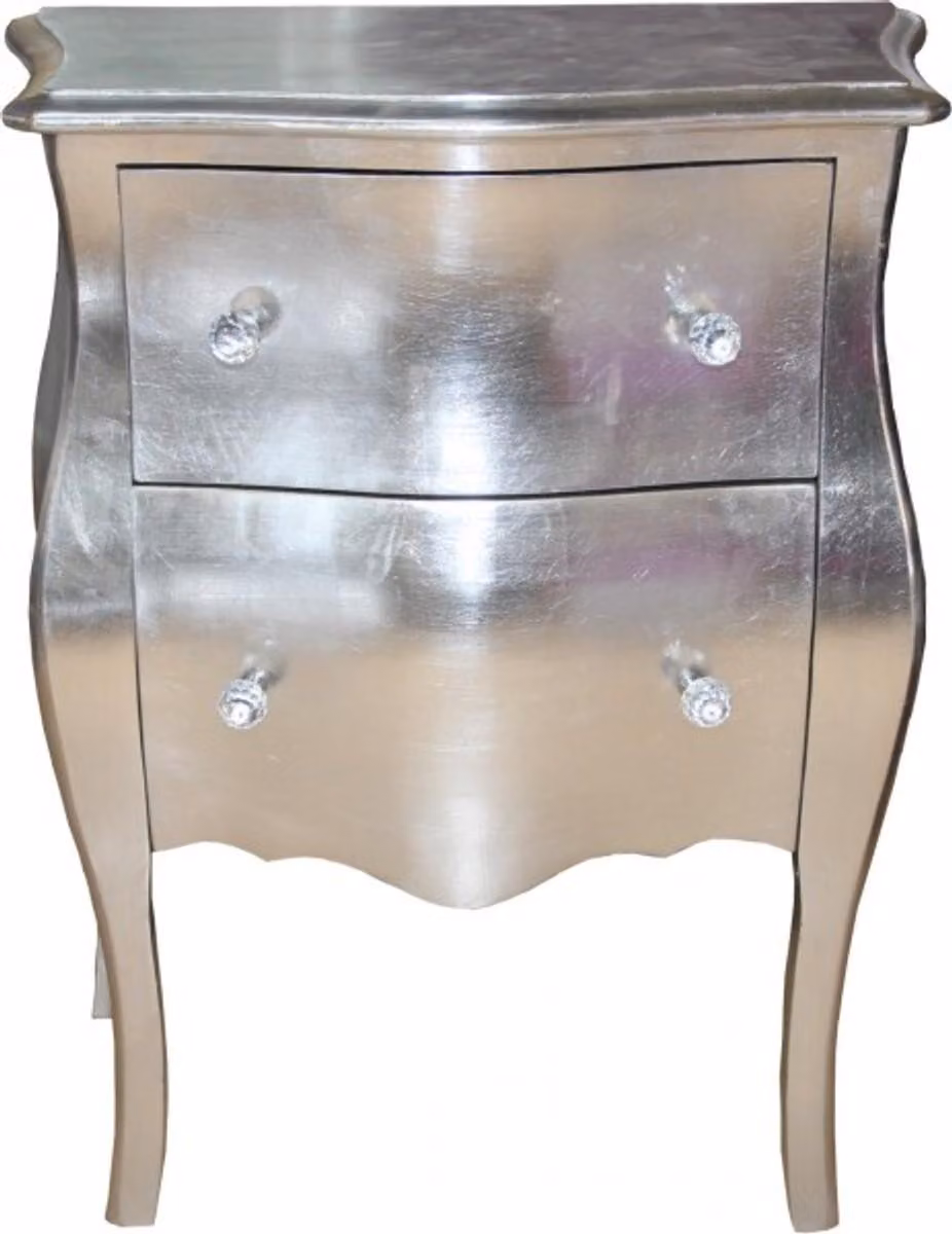 Comò Casa Padrino in stile barocco, aspetto antico, colore argento, realizzato in legno massello, altezza 78 cm, larghezza 62 cm, profondità 36 cm