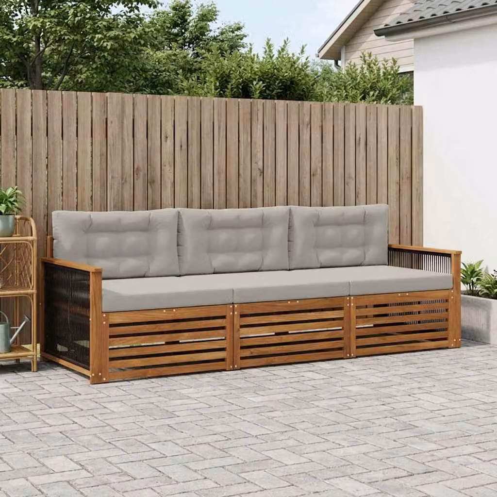Set di divani da esterno vidaXL in legno di acacia con cuscini, 3 pezzi, Beige e Grigio