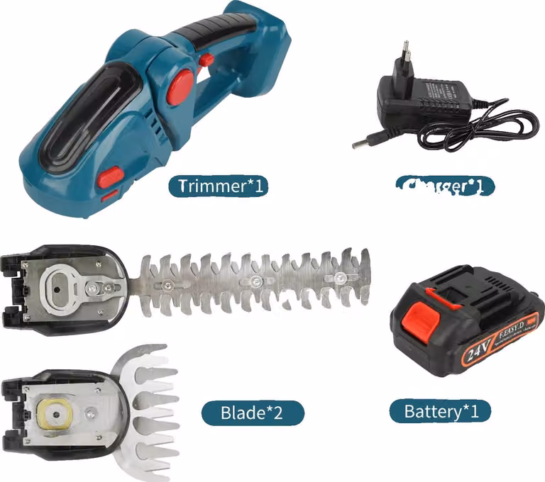 Potatore elettrico per siepi, 2-in-1, versatile, alta velocità, colore blu, alimentato a batteria