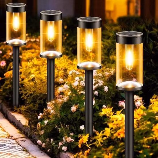 Set di 4 lanterne solari da esterno per giardino con vetro e metallo, luce bianca calda, impermeabili IP65, colore nero e trasparente