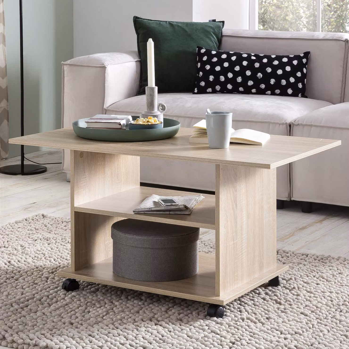 Tavolo di design FineBuy con ruote 95x51x54,5 cm | Soggiorno moderno con contenitore | Tavolo da divano Tavolo da salotto