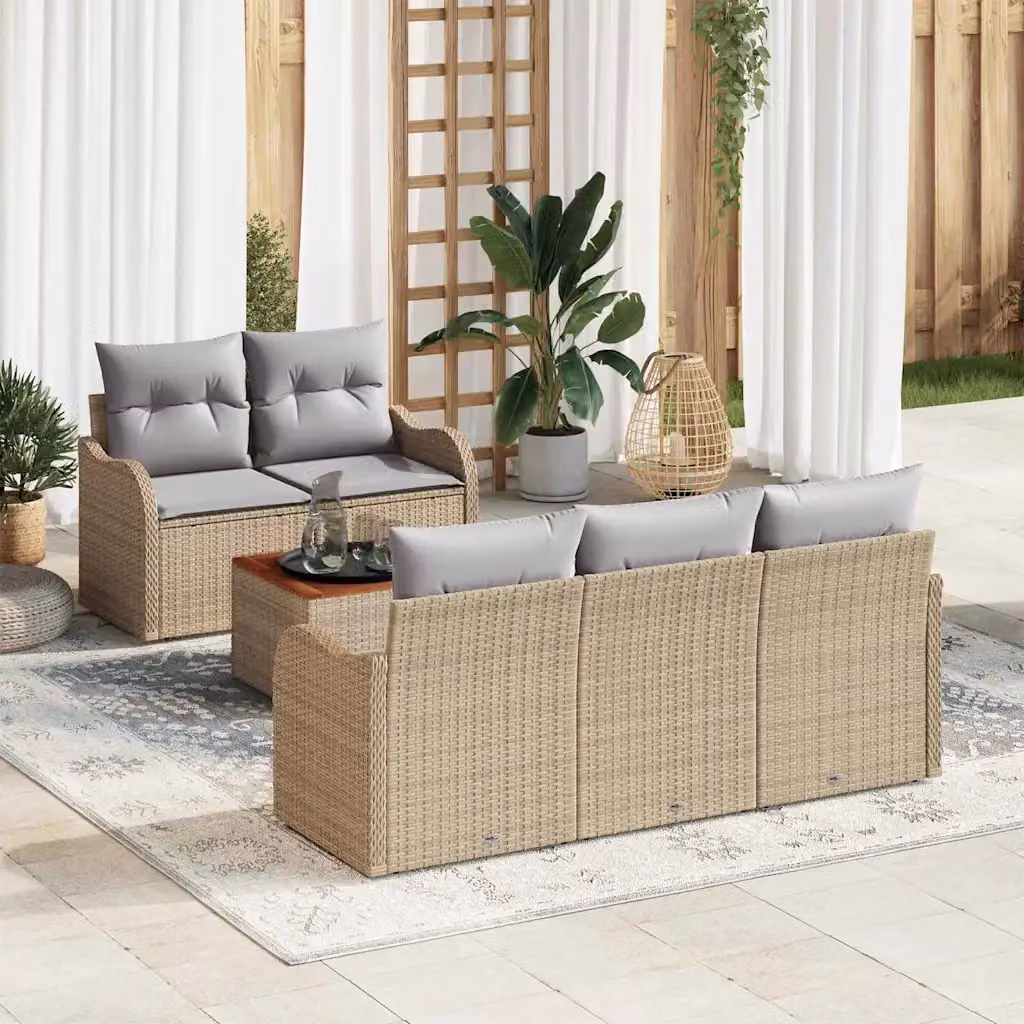Set Divano da Giardino vidaXL 6 Pezzi Beige con Poltroncine, Divano a 3 Posti, Elementi Angolari e Tavolino, Design Moderno in Polyrattan e Acciaio con Cuscini Inclusi