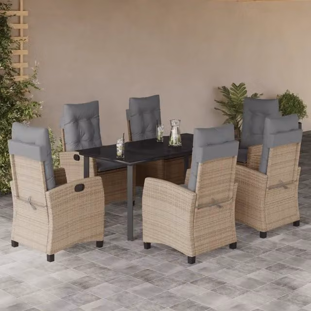 Set da pranzo da giardino vidaXL in polyrattan con tavolo in vetro e 7 pezzi, colori nero, beige e grigio