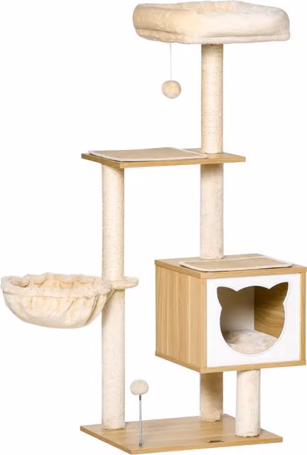Tiragraffi per Gatti PawHut con Casetta, Amaca e Giocattoli, in Legno e Sisal, Beige, L 48 cm x P 40 cm x H 126 cm – 1