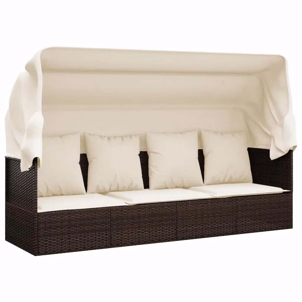 Lettino prendisole da esterno vidaXL in polyrattan marrone e bianco con tendalino e cuscini in tessuto resistente ai raggi UV – 2