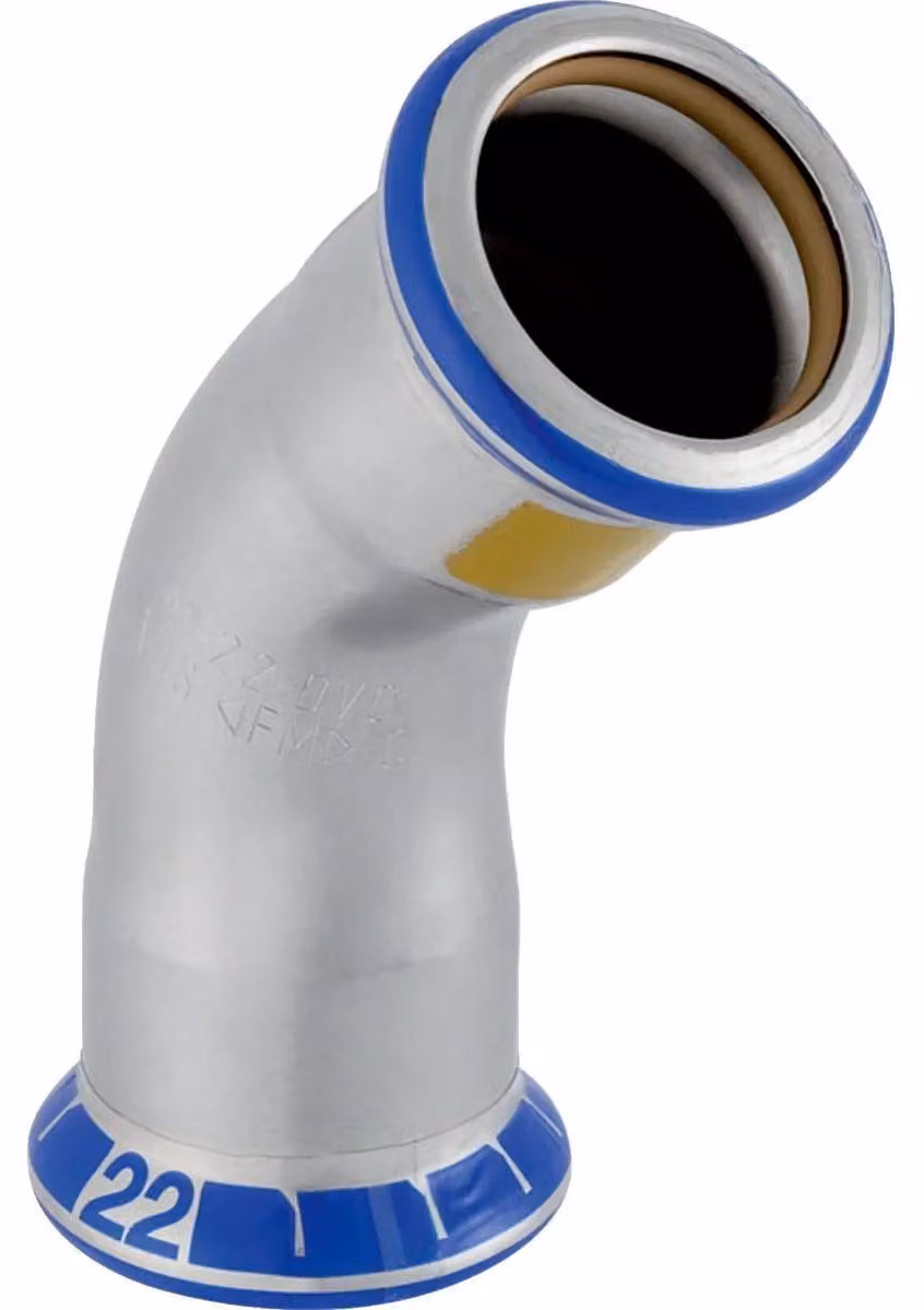 Gomito gas Geberit Mapress 45 gradi, acciaio inox, d= 18 mm