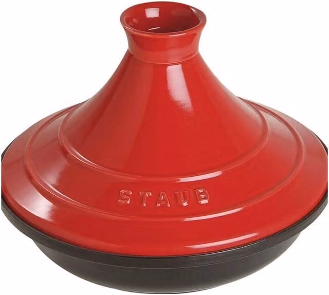 Tajine Staub in ghisa smaltata con coperchio in ceramica, colore rosso, diametro 28 cm, capacità 2 l