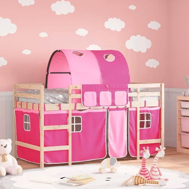 Letto a soppalco singolo per bambini vidaXL in legno di pino massello rosa con tunnel L/P/H: 205.5 x 80 x 154 cm
