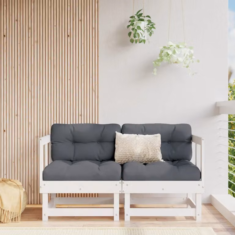 Set di 2 divani angolari da giardino vidaXL in legno massello di pino con cuscini in tessuto bianchi e grigi