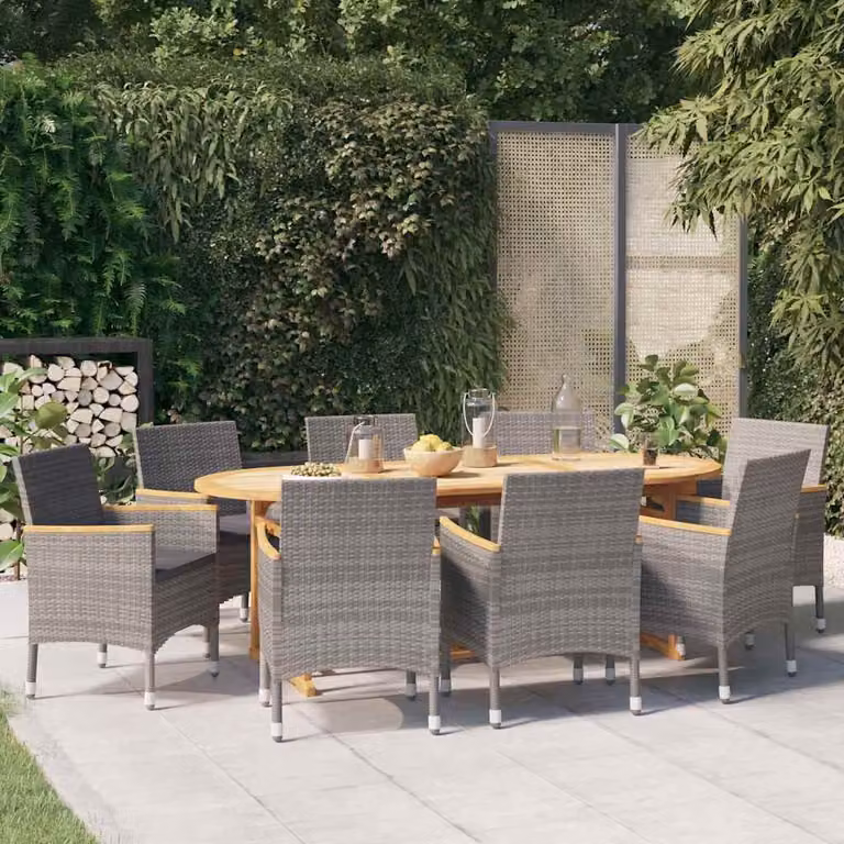Set da pranzo per giardino vidaXL in legno di acacia con 9 pezzi e cuscini grigi