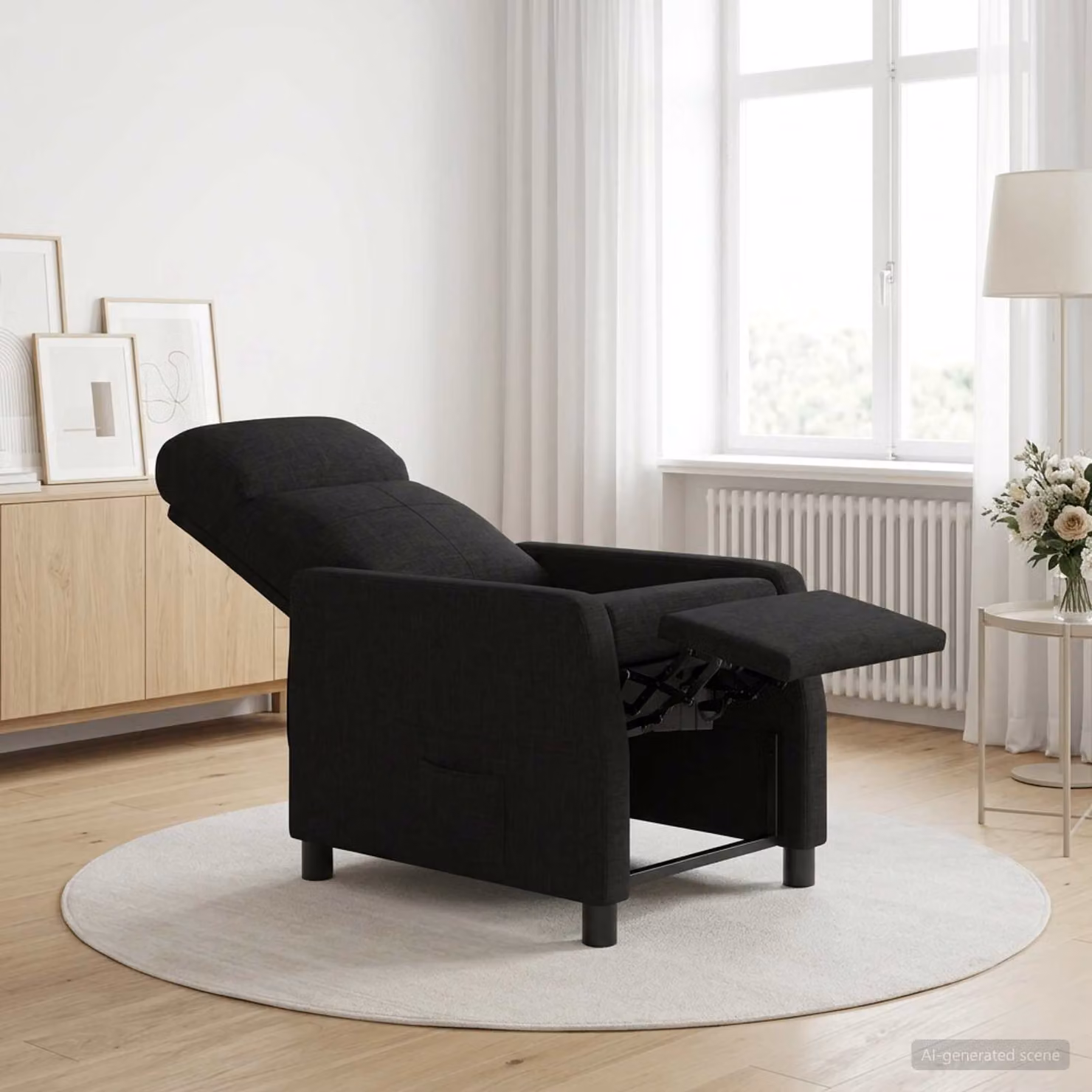 Poltrona reclinabile relax vidaXL in tessuto nero con braccioli e struttura moderna per soggiorno o ufficio