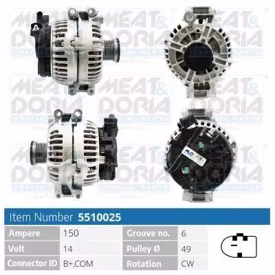 MEAT & DORIA 5510025 Alternatore LiMa 150 A 14 V per BMW Serie 3 Station Wagon (E91), Serie 3 Berlina (E90), Serie 3 Berlina (E46), Serie 1 Hatchback (E87) e Serie 5 Berlina
