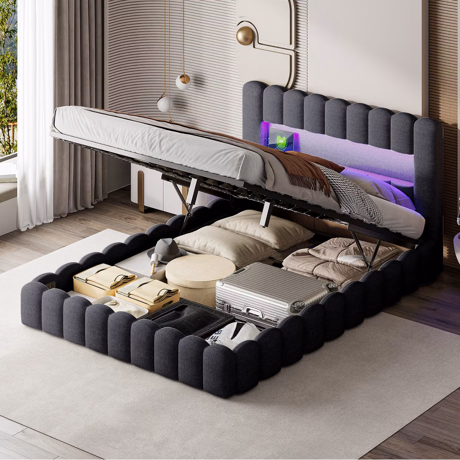 Letto imbottito CDGlobal 180x200cm, letto a molle con rete idraulica, letto con rete a doghe, luce di lettura con funzione di ricarica USB/LED testata, letto contenitore letto matrimoniale letto per ragazzi