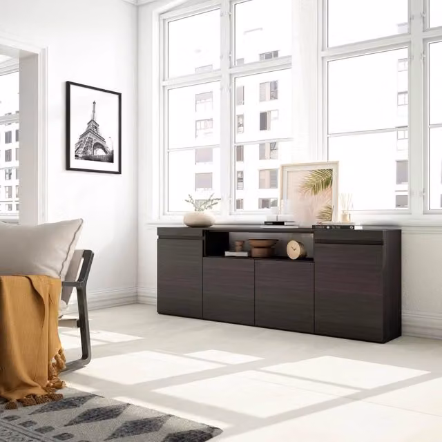 Credenza moderna SKRAUT HOME in legno nero opaco con 4 porte, L: 200 cm, P: 35 cm, H: 75 cm