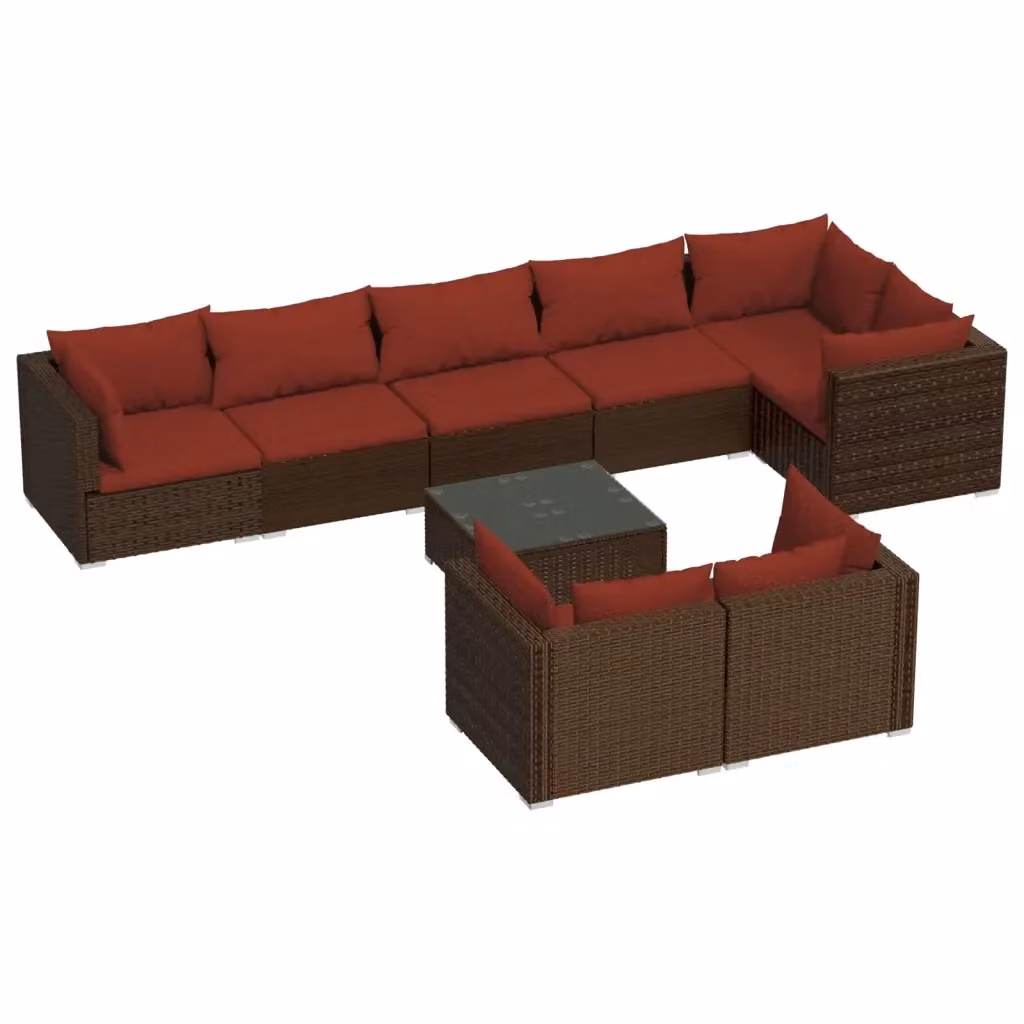 Set di Divani da Giardino a L vidaXL 9 pz con Cuscini e Tavolino in Polyrattan Marrone e Rosso – 2