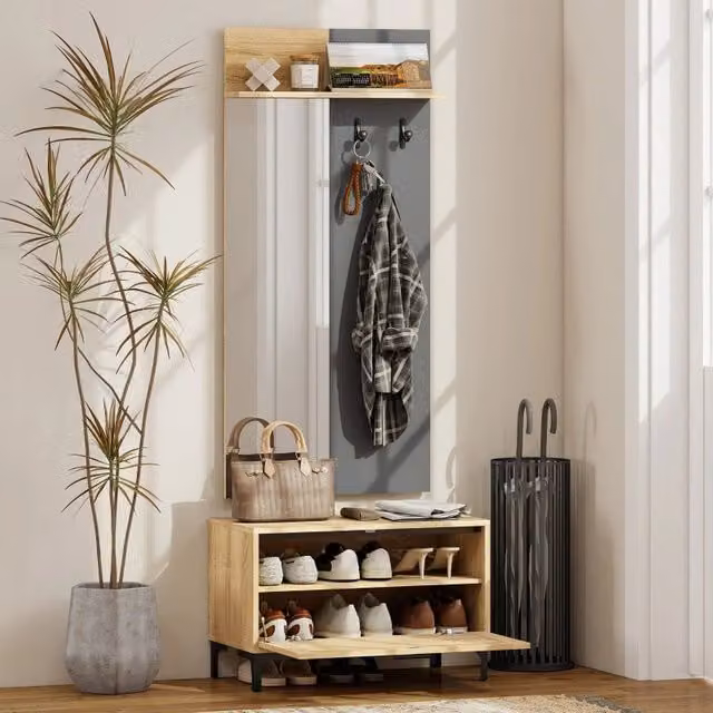 Scaffale da ingresso con specchio intero, 3 ganci e panca per scarpe in MDF effetto legno naturale e grigio