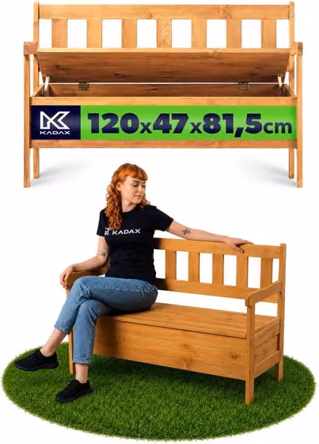 Panchina da giardino Kadax in legno di pino marrone con schienale, braccioli e contenitore per cuscini