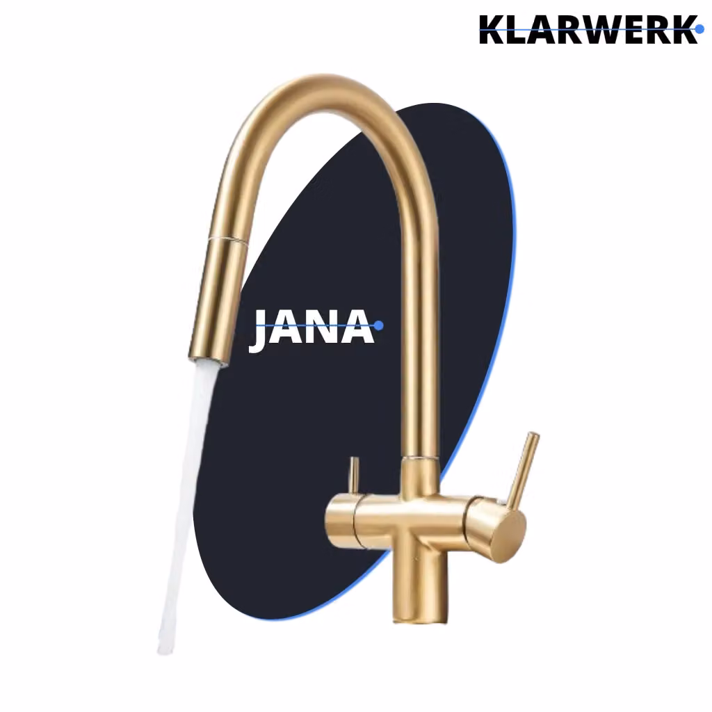 Rubinetto da cucina Klarwerk Jana in acciaio inox oro opaco con filtro osmosi a 3 vie e canna estensibile girevole – 2