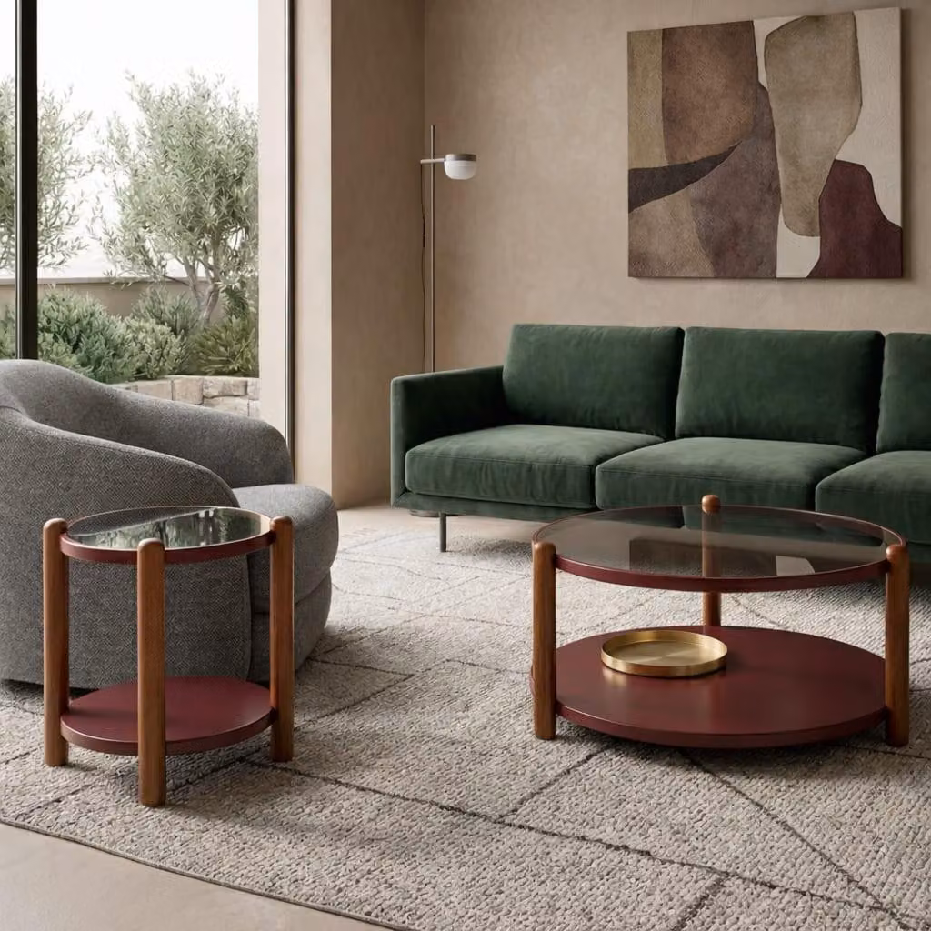 Set da salotto: tavolino, tavolino ausiliario, tavolino centrale, stile moderno, marrone e rosso