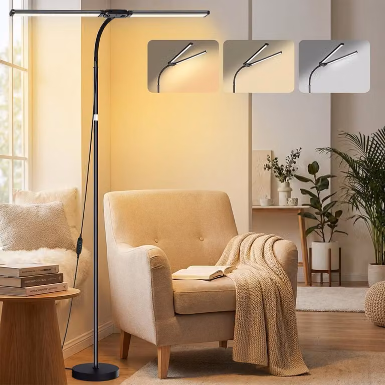 Lampada da terra nero dimmerabile doppia testa LED lettura lampada da terra super luminoso per camera da letto soggiorno ufficio (H: 50-158cm, 18W, collo d'oca flessibile, 3 modalità)