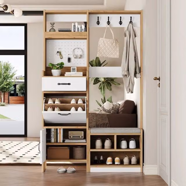 Mobile ingresso consolle con scarpiera panca appendiabiti ¨C Minimal ¨C Rovere bianco 1 cassetto 108.5x35x180 cm