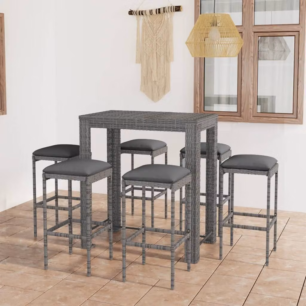 The Living Store Set bar da giardino 7 pezzi con cuscini in poly rattan grigio