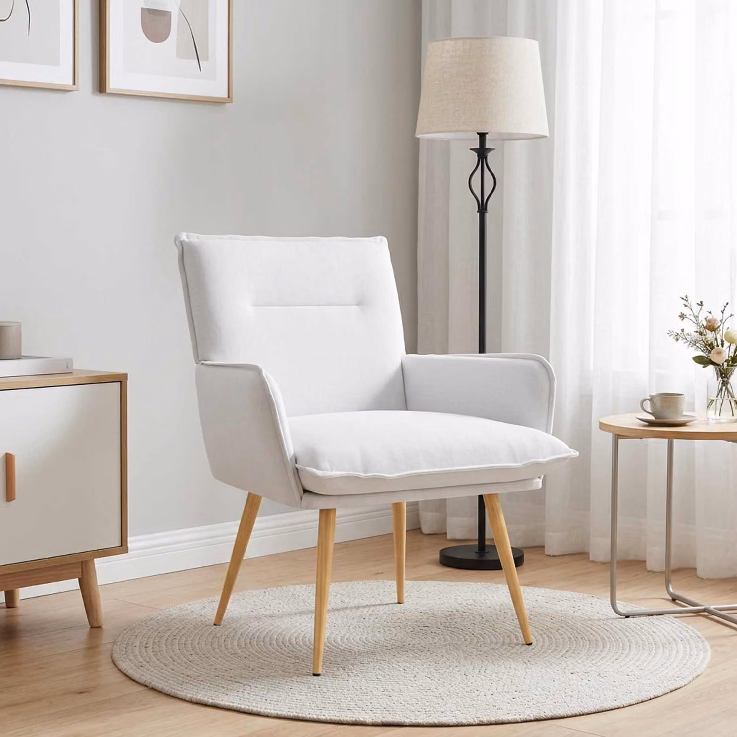 Poltrona moderna vidaXL in tessuto bianco con struttura in metallo e braccioli
