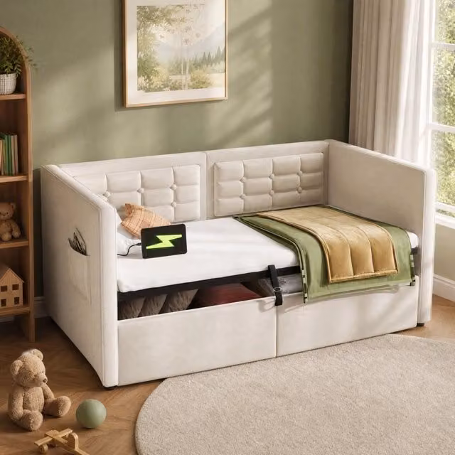 Letto da giorno ULEVR 90x200 cm con contenitore idraulico, USB e Type-C, velluto beige