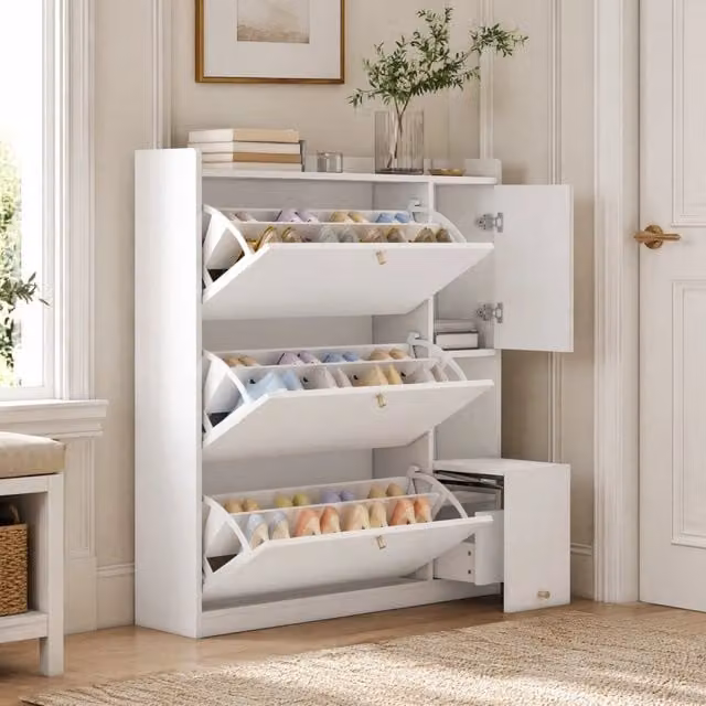 Scarpiera con 3 cassetti a ribalta; ripiani regolabili e seduta pieghevole in truciolare bianco 119 × 24 × 122 cm