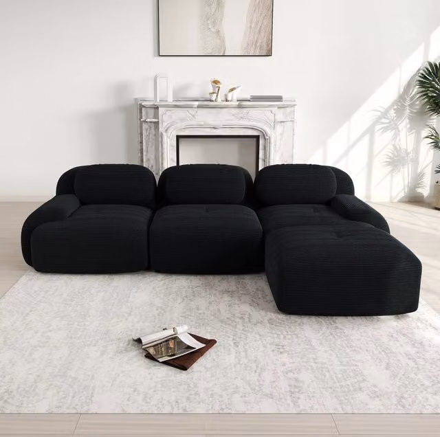 Divano angolare modulare 298x178x70 cm in velluto a coste nero; senza montaggio HOMVRA