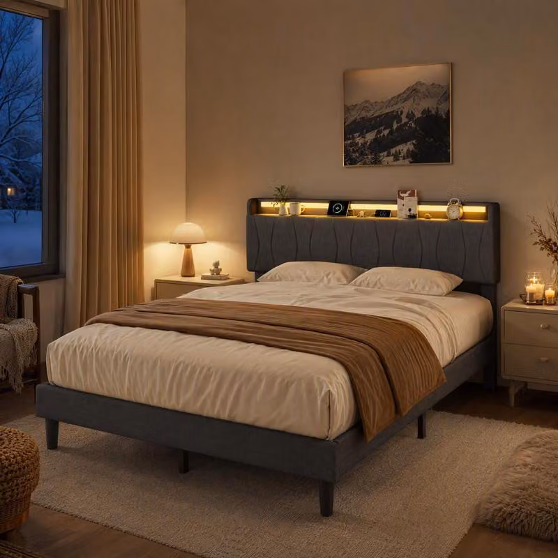 Letto imbottito ProximaX, 140x200 cm, grigio, letto matrimoniale con illuminazione LED, porte USB e USB-C, spazio contenitivo nella testiera e rete a doghe