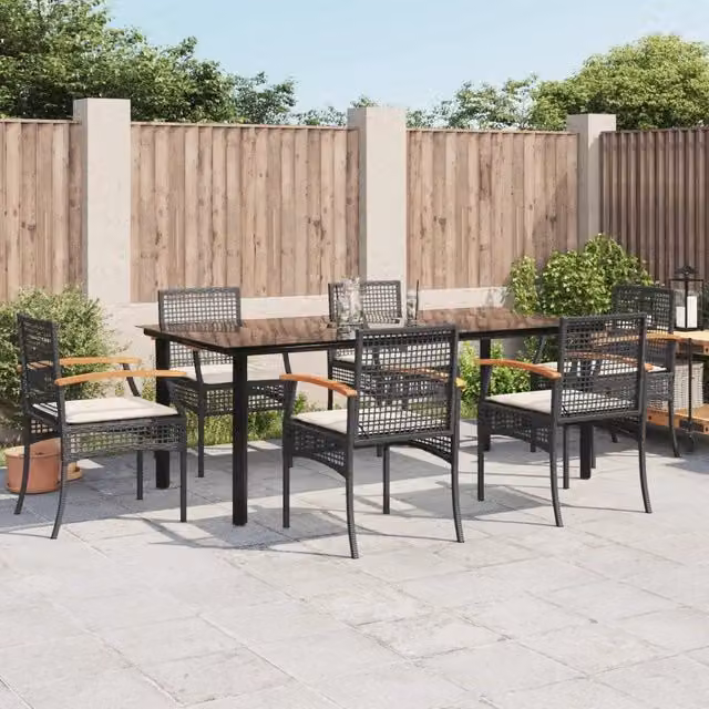 Set da pranzo da giardino moderno vidaXL in polyrattan e legno di acacia con piano in vetro, 7 pezzi, nero e bianco