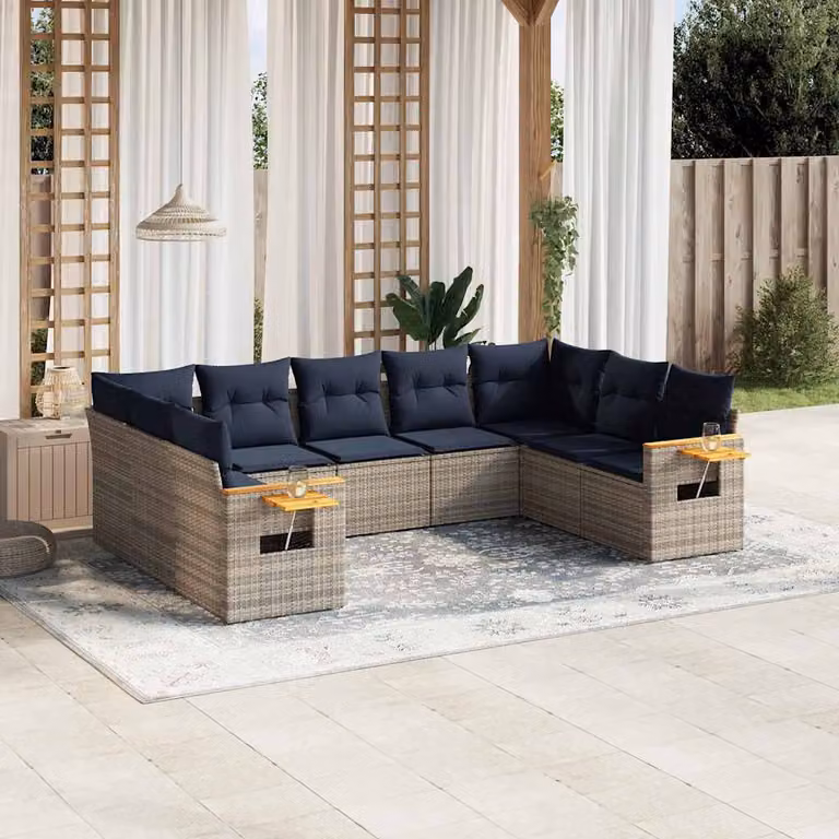 Set di divani da giardino vidaXL a forma di L composto da 9 pezzi in polyrattan con cuscini grigi e blu e tavolino da esterno
